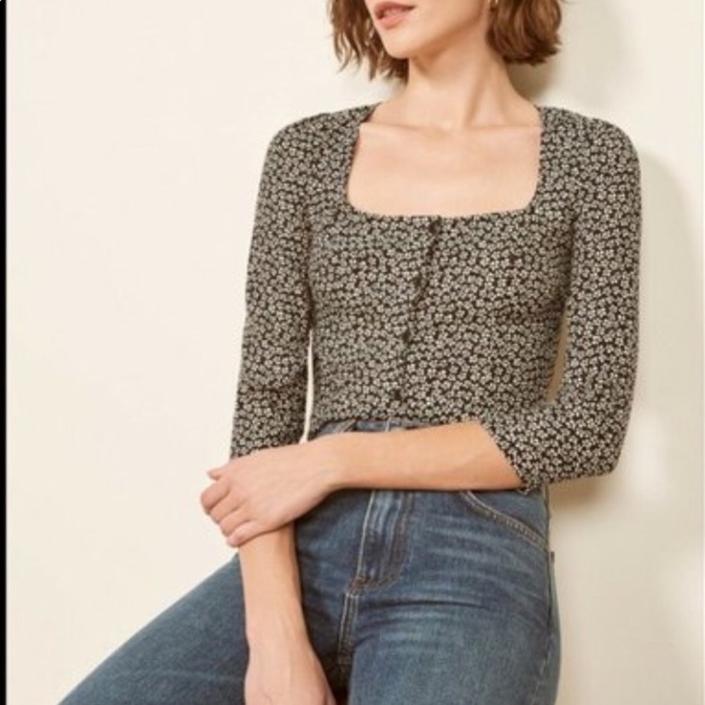 REFORMATION Black White Floral Print JORJA Square Neck Button-Down Top